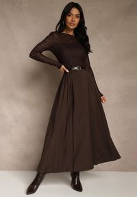 Renee - Brązowa Rozkloszowana Spódnica z Wiskozy z Dodatkowym Paskiem z Klamrą Lowedina. Kolor: brązowy. Materiał: wiskoza #1