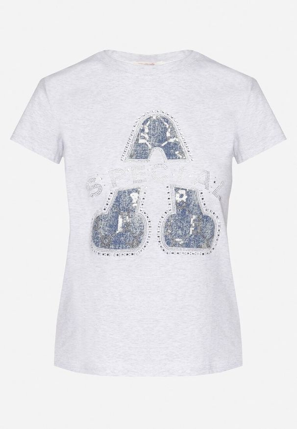 Born2be - Jasnoszary Bawełniany T-shirt Ozdobiony Napisem i Cyrkoniami Isnorea. Okazja: na co dzień. Kolor: szary. Materiał: bawełna. Wzór: napisy, aplikacja. Styl: glamour, casual