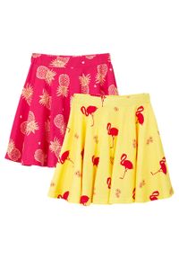 Spódnica dziewczęca (2 szt.) bonprix jasna limonka - różowy hibiskus. Kolor: żółty. Materiał: materiał, bawełna. Wzór: nadruk, aplikacja. Sezon: lato #1