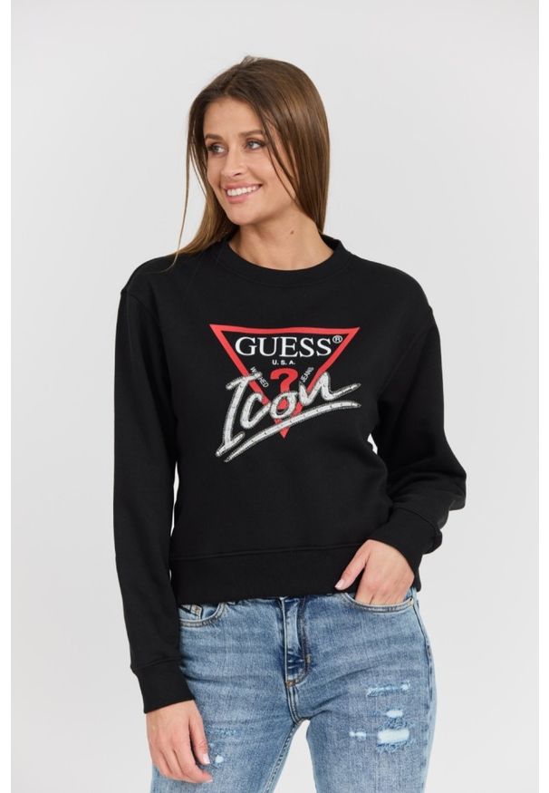 Guess - GUESS Czarna damska bluza Icon z dużym logo, Rozmiar L. Okazja: na co dzień. Kolor: czarny. Materiał: poliester, bawełna, materiał. Długość rękawa: długi rękaw. Długość: długie. Styl: casual