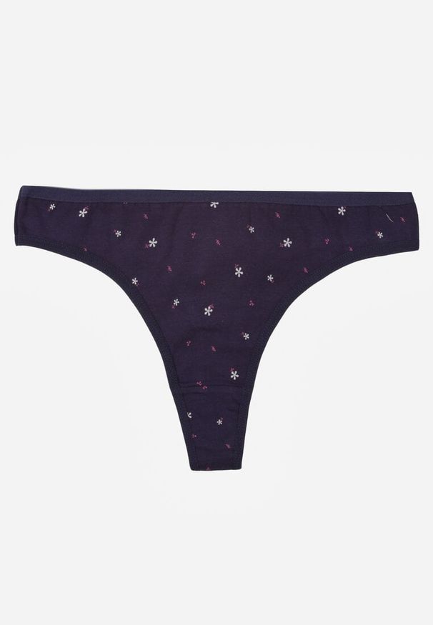 Born2be - Granatowe Majtki Stringi z Bawełną w Kwiaty Calylia. Kolor: niebieski. Materiał: bawełna. Wzór: kwiaty