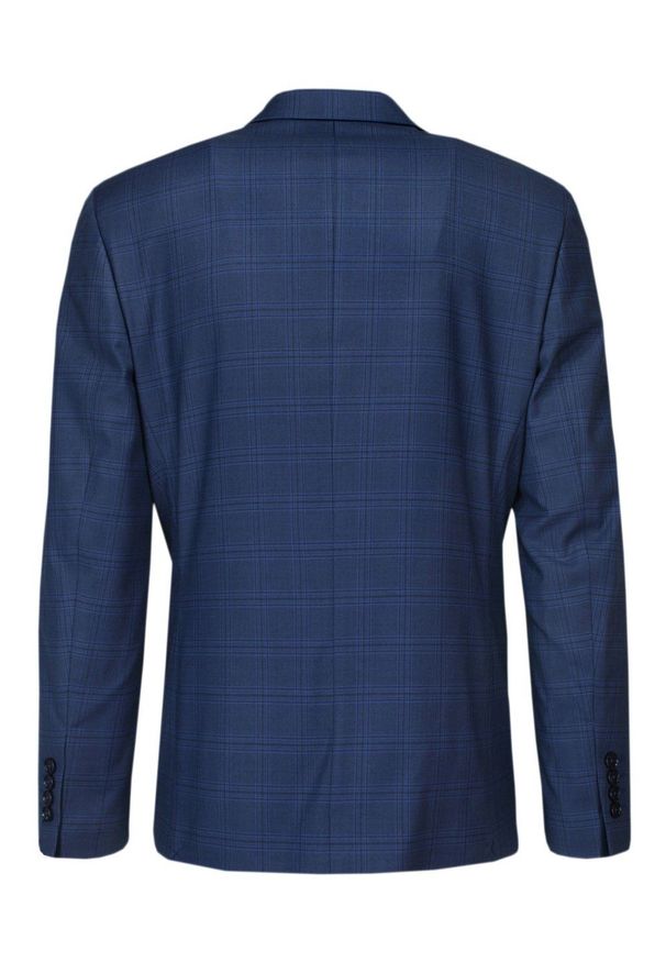 Victorio - Garnitur, Granatowy w Kratkę, Elegancki, Zapinany na Dwa Guziki, SLIM, Spodnie w Kant -VICTORIO. Kolor: niebieski. Materiał: wiskoza, poliester, elastan. Wzór: kratka