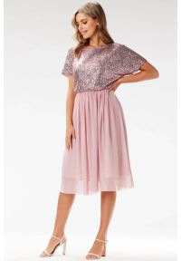 Awama - Koktajlowa sukienka na wesele rozkloszowana z cekinami róż. Okazja: na wesele, na imprezę, na ślub cywilny. Kolor: czarny, beżowy, różowy. Styl: wizytowy #6