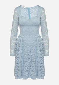 Born2be - Niebieska Sukienka Koronkowa o Rozkloszowanym Kroju Telomira. Okazja: na co dzień. Kolor: niebieski. Materiał: koronka. Długość rękawa: długi rękaw. Typ sukienki: rozkloszowane, proste. Styl: klasyczny, casual #4