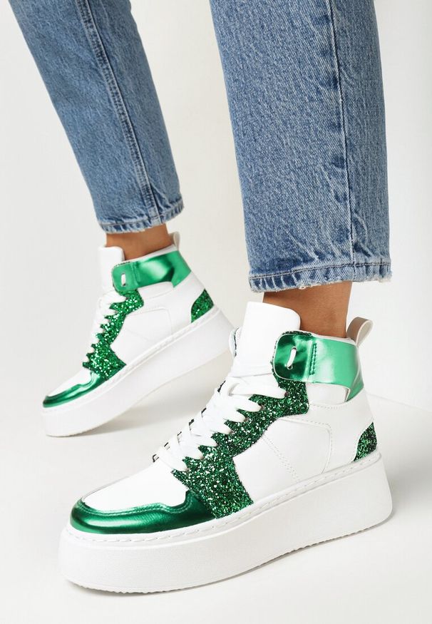 Born2be - Biało-Zielone Sneakersy na Grubej Płaskiej Podeszwie z Cholewką za Kostkę Ozdobione Brokatem i Metalicznymi Wstawkami Byreli. Wysokość cholewki: za kostkę. Kolor: biały. Szerokość cholewki: normalna. Wzór: aplikacja