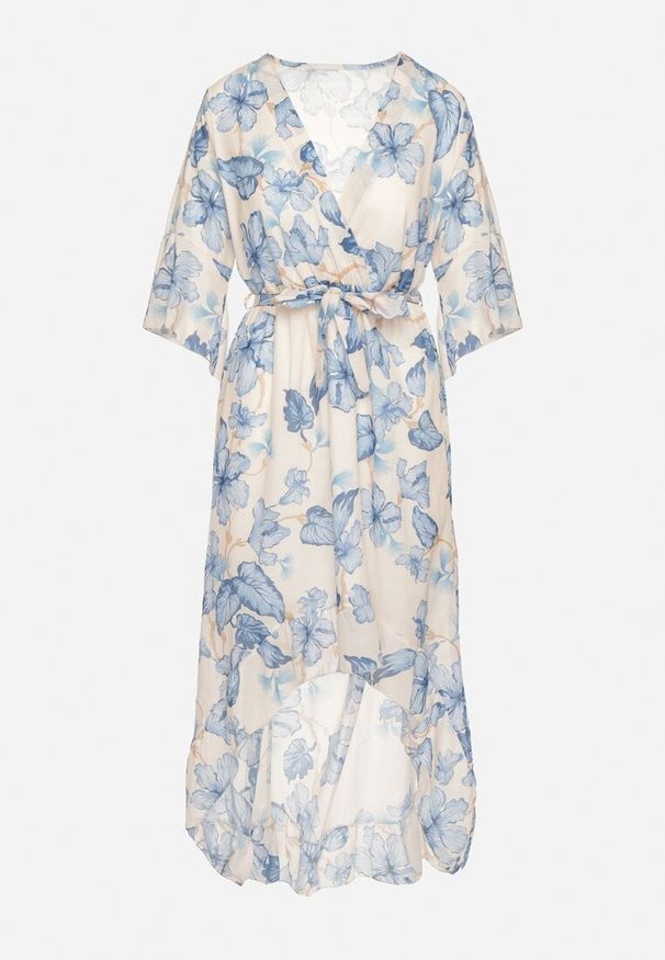 Born2be - Niebieska Bawełniana Sukienka Kopertowa o Asymetrycznym Kroju z Wiązanym Paskiem Niteira. Okazja: na co dzień, na randkę. Typ kołnierza: dekolt w kształcie V. Kolor: niebieski. Materiał: bawełna. Typ sukienki: asymetryczne, kopertowe. Styl: casual