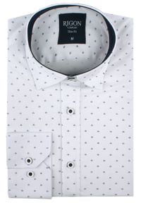 Męska Koszula, Taliowana (Slim Fit) - Rigon - Biała w Drobny Wzór. Okazja: do pracy, na spotkanie biznesowe. Kolor: biały. Materiał: bawełna, poliester, elastan. Długość rękawa: długi rękaw. Długość: długie. Styl: wizytowy, elegancki, biznesowy #2