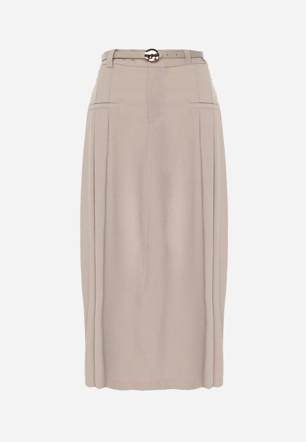 Renee - Beżowa Rozkloszowana Spódnica z Wiskozy Zdobiona Plisami i Paskiem Durklea. Okazja: na co dzień. Kolor: beżowy. Materiał: wiskoza. Wzór: aplikacja. Styl: casual, elegancki