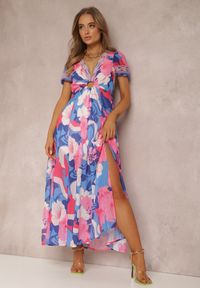 Renee - Granatowo-Fuksjowa Sukienka Damone. Kolor: różowy. Materiał: koronka. Długość rękawa: krótki rękaw. Wzór: aplikacja, kwiaty. Sezon: lato. Długość: maxi #1