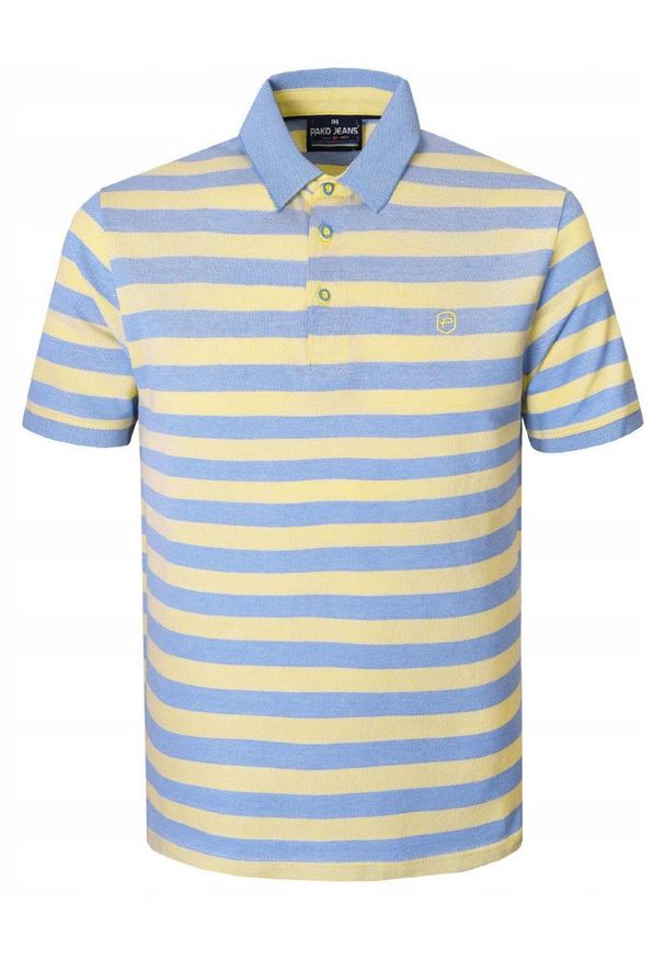 Bawełniana, Męska Koszulka Polo - Pako Jeans - Żółte Pasy. Okazja: na co dzień. Typ kołnierza: polo. Kolor: żółty, złoty, wielokolorowy. Materiał: bawełna. Wzór: prążki, paski. Styl: casual