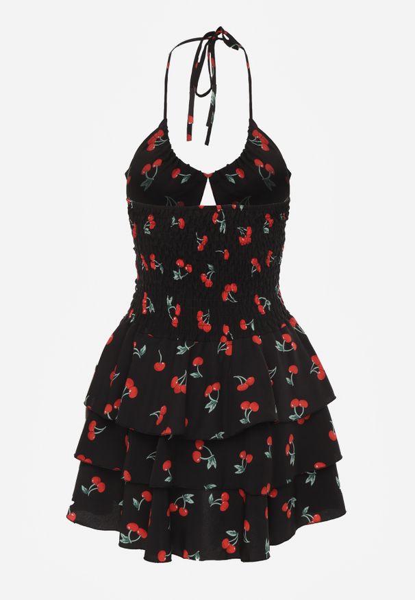 Renee - Czarna Sukienka Halter o Rozkloszowanym Kroju z Falbanami w Wisienki Lanelora. Okazja: na co dzień. Typ kołnierza: dekolt halter. Kolor: czarny. Materiał: bawełna. Styl: casual