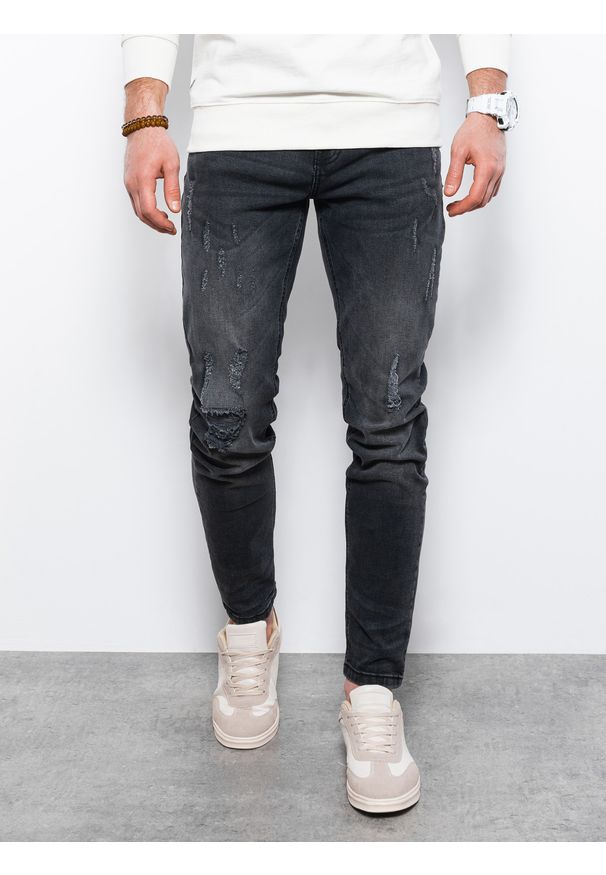 Ombre Clothing - Spodnie męskie jeansowe z przetarciami SLIM FIT P1021 - czarne - XXL. Okazja: na co dzień. Kolor: czarny. Materiał: jeans. Styl: casual