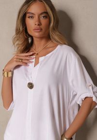 Renee - Biała Bluzka Oversize z Lnem i Wiskozą z Ozdobną Aplikacją Miliria. Okazja: na co dzień. Typ kołnierza: dekolt w serek. Kolor: biały. Materiał: len, wiskoza. Wzór: aplikacja. Styl: elegancki, casual