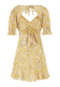 Born2be - Żółta Sukienka Clatiax. Kolor: żółty. Materiał: tkanina, materiał. Wzór: paski, kwiaty. Długość: midi #7