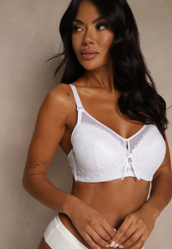 Renee - Biały Koronkowy Biustonosz Ozdobiony Przezroczystą Wstawką Acalinai. Kolor: biały. Materiał: koronka. Rodzaj stanika: przezroczysty. Wzór: aplikacja