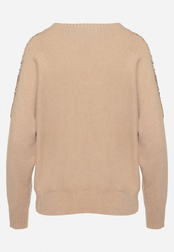 Born2be - Ciemnobeżowy Sweter w Stylu Nietoperza z Cyrkoniami i Cekinami Nevalithia. Okazja: na co dzień. Kolor: beżowy. Styl: wizytowy, casual