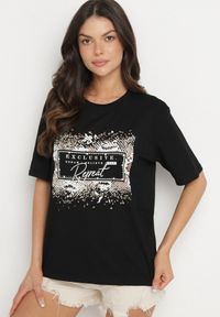 Born2be - Czarny Bawełniany T-shirt Ozdobiony Nadrukiem Nartzedi. Okazja: na co dzień. Kolor: czarny. Materiał: bawełna. Wzór: aplikacja, nadruk. Styl: casual #4