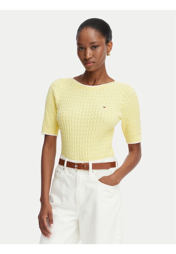 TOMMY HILFIGER - Tommy Hilfiger Sweter Fine Gg Cable Boat WW0WW50103 Żółty jasny Regular Fit. Kolor: żółty. Materiał: bawełna