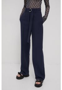 Hugo spodnie damskie kolor granatowy szerokie high waist. Stan: podwyższony. Kolor: niebieski. Materiał: tkanina