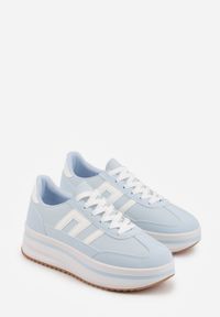 Born2be - Jasnoniebieskie Sneakersy na Grubej Podeszwie Ozdobione Geometrycznym Wzorem Asoastis. Okazja: na spacer, na co dzień, do pracy. Kolor: niebieski. Materiał: prążkowany, dzianina. Wzór: geometria, aplikacja. Sport: turystyka piesza #4