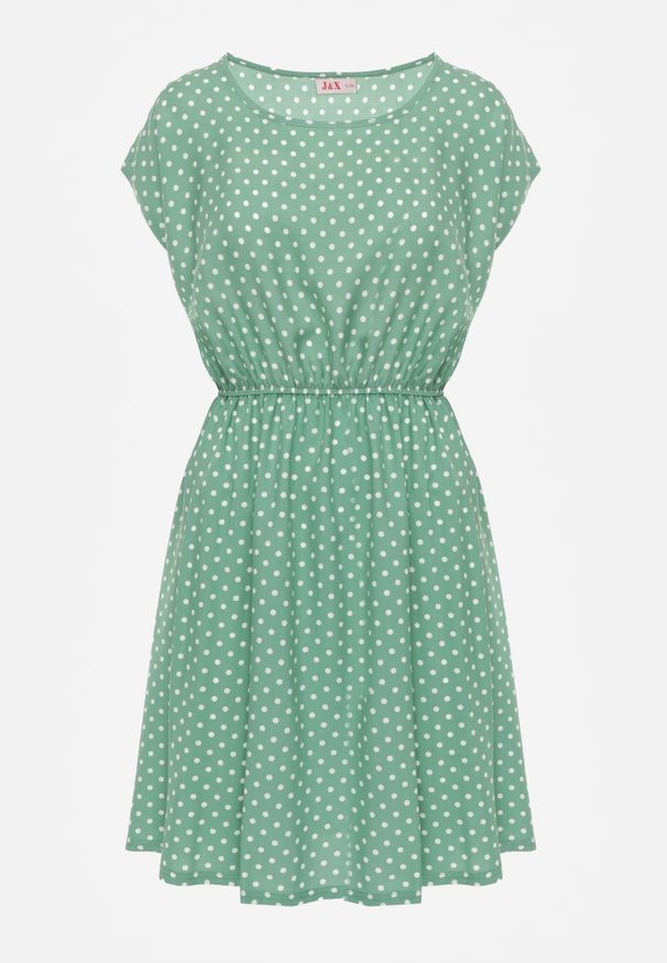 Renee - Zielona Rozkloszowana Sukienka Retro z Wiskozy w Groszki Tetia. Kolor: zielony. Materiał: wiskoza. Długość rękawa: krótki rękaw. Wzór: grochy. Typ sukienki: rozkloszowane. Styl: retro