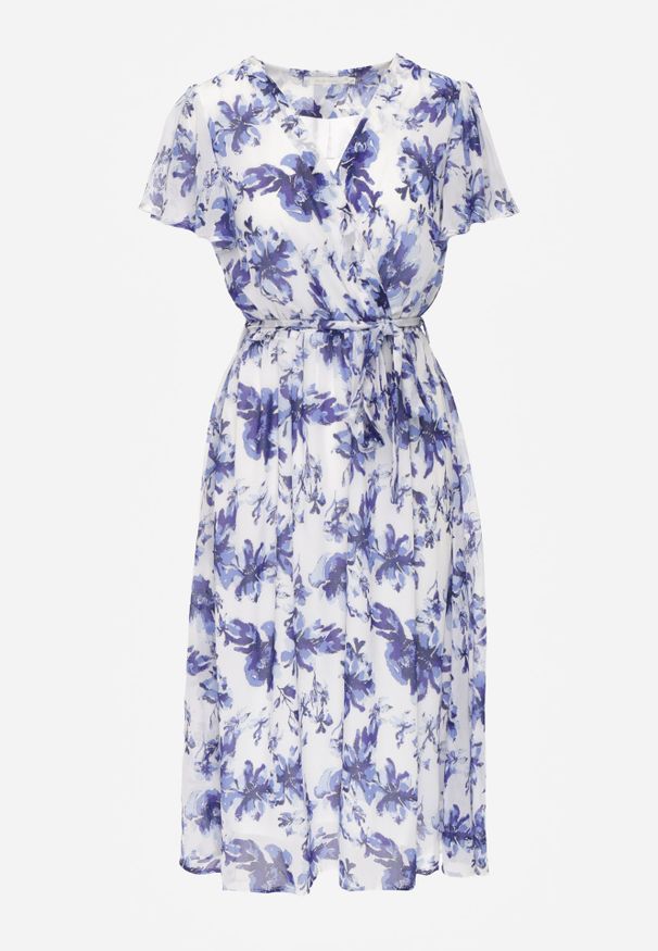 Renee - Niebieska Kopertowa Sukienka z Wiązanym Paskiem w Kwiatowy Print z Brokatem Runewea. Okazja: na randkę. Kolor: niebieski. Wzór: kwiaty, nadruk. Typ sukienki: kopertowe. Styl: boho