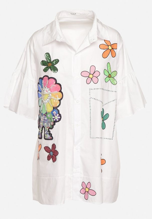 Born2be - Biała Długa Koszula Zapinana na Guziki z Rękawami Długości 3/4 Ozdobiona Naszywkami Terica. Okazja: na co dzień. Kolor: biały. Materiał: jeans. Długość: długie. Wzór: aplikacja. Styl: klasyczny, casual, elegancki