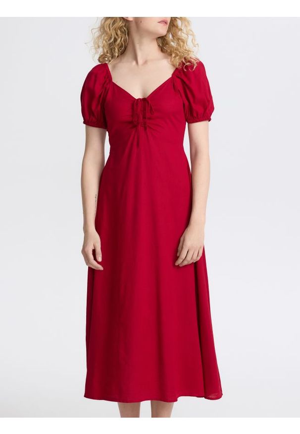 Reserved - Sukienka midi z dodatkiem lnu - czerwony. Kolor: czerwony. Materiał: len. Długość: midi