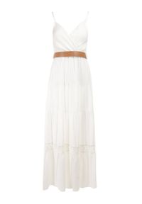 Born2be - Biała Sukienka z Paskiem Maerea. Typ kołnierza: dekolt kopertowy. Kolor: biały. Wzór: gładki. Typ sukienki: kopertowe, rozkloszowane. Materiał: koronka. Długość rękawa: na ramiączkach. Sezon: lato. Styl: boho. Długość: maxi #5