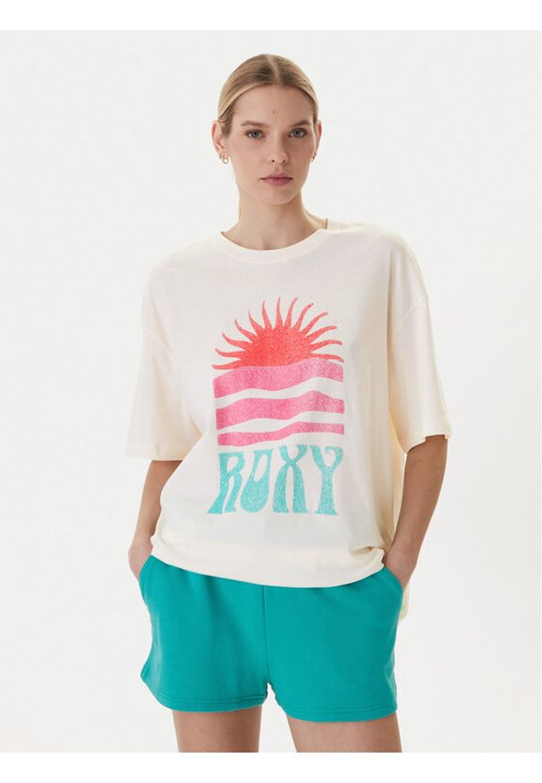 Roxy T-Shirt Hangloose Poster ERJZT06090 Beżowy jasny Loose Fit. Kolor: beżowy. Materiał: bawełna