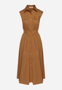 Born2be - Brązowa Bawełniana Koszulowa Sukienka z Ozdobnymi Kieszonkami Savarette. Okazja: na co dzień. Kolor: brązowy. Materiał: bawełna. Typ sukienki: koszulowe. Styl: casual, elegancki, klasyczny #3