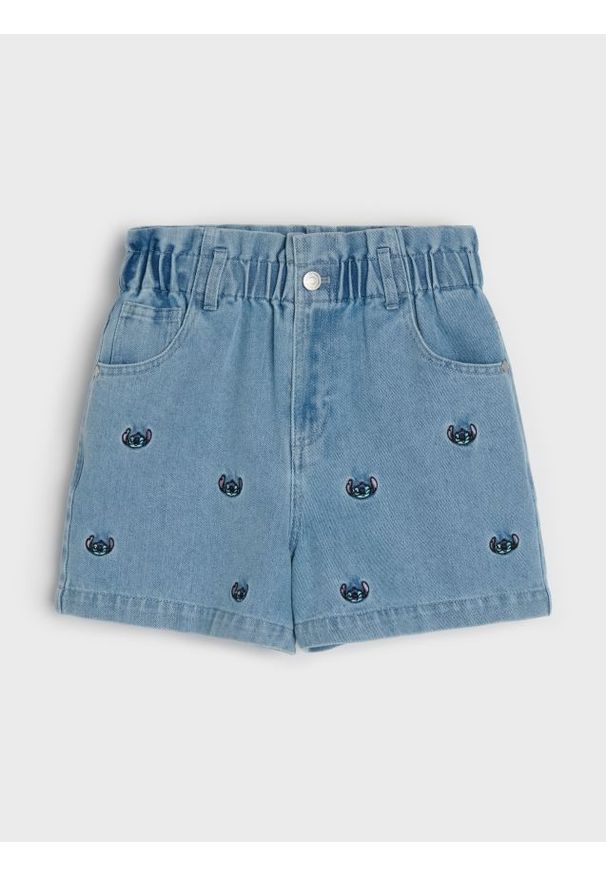 Sinsay - Szorty jeansowe pull on z haftem Stitch - niebieski. Kolor: niebieski. Materiał: jeans. Wzór: haft