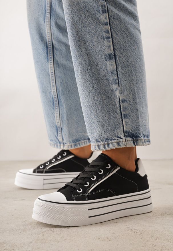 Born2be - Czarne Klasyczne Trampki na Grubej Podeszwie Araenes. Kolor: czarny. Materiał: jeans. Szerokość cholewki: normalna. Wzór: gładki. Styl: klasyczny