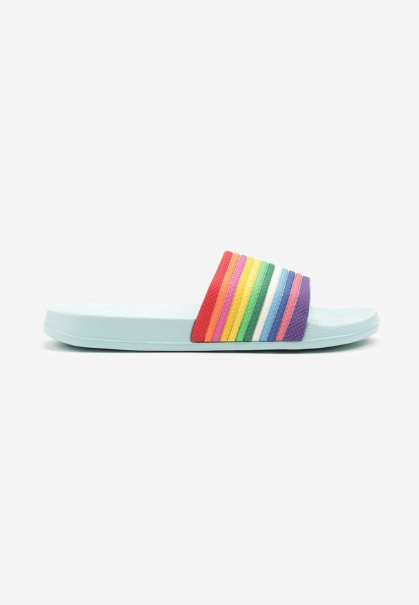 Renee - Niebieskie Klapki Ozdobione Tęczą Galaria. Okazja: na co dzień, na plażę. Kolor: niebieski. Wzór: aplikacja. Sezon: lato. Styl: elegancki, casual