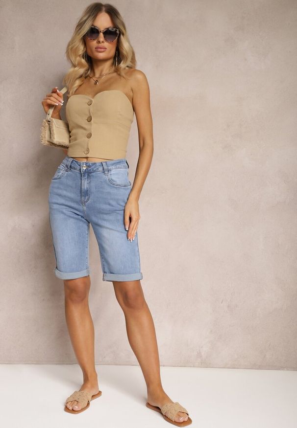 Renee - Niebieskie Szorty Jeansowe High Waist z Dodatkiem Bawełny i Przetarciami Nelvanis. Okazja: na co dzień. Stan: podwyższony. Kolor: niebieski. Materiał: jeans, bawełna. Styl: elegancki, casual