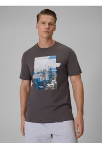 4f - 4F T-shirt regular z nadrukiem męski - szary M. Okazja: na co dzień. Kolor: szary. Materiał: dzianina, bawełna, materiał. Wzór: nadruk. Styl: casual, klasyczny #1