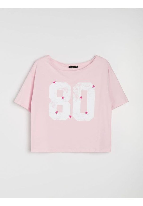 Sinsay - Bawełniana koszulka z nadrukiem - różowy. Kolor: różowy. Materiał: bawełna. Wzór: nadruk
