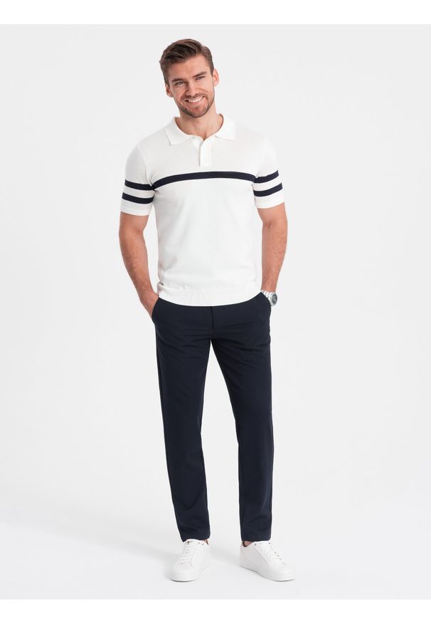 Ombre Clothing - Spodnie męskie eleganckie chino SLIM FIT - granatowe V3. Kolor: niebieski. Materiał: wiskoza, materiał, poliester. Styl: elegancki
