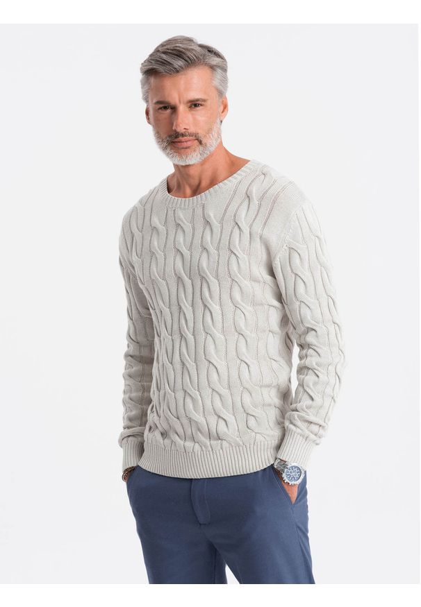 Ombre Clothing - Sweter męski z warkoczowym splotem - kremowy V1 E195 - XXL. Okazja: na co dzień. Kolor: biały. Materiał: bawełna, jeans, akryl. Wzór: ze splotem. Styl: klasyczny, elegancki, casual