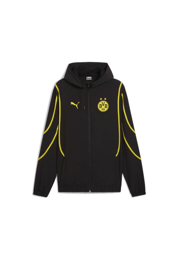 Puma - Męska kurtka przedmeczowa z tkaniny Borussia Dortmund PUMA Black Faster Yellow. Kolor: żółty, wielokolorowy, czarny. Materiał: tkanina