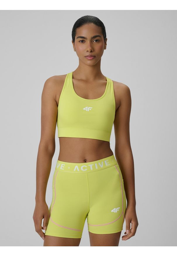 4f - 4F Biustonosz treningowy z niskim wsparciem damski - żółty M. Kolor: żółty. Materiał: materiał, guma, skóra. Wzór: ażurowy. Sport: fitness