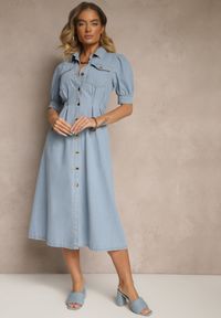 Renee - Jasnoniebieska Jeansowa Sukienka Koszulowa z Bufiastymi Rękawami i Paskiem Evirona. Okazja: na spotkanie biznesowe. Kolor: niebieski. Materiał: jeans. Wzór: aplikacja. Typ sukienki: koszulowe. Styl: elegancki, biznesowy