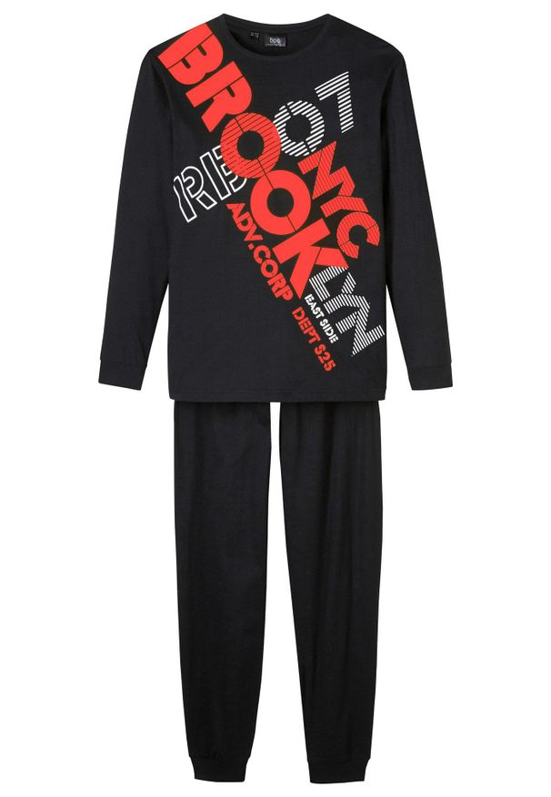 bonprix - Piżama z czystej bawełny organicznej (2 części). Kolor: czarny. Materiał: bawełna. Długość: długie. Wzór: nadruk, napisy