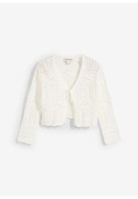 bonprix - Bolerko z haftem i rękawami 3/4. Kolor: biały. Materiał: dzianina. Wzór: haft #1