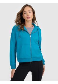 4f - 4F Bluza dresowa rozpinana z kapturem damska - turkusowa L. Okazja: na co dzień, na spacer. Typ kołnierza: kaptur. Kolor: turkusowy. Materiał: dresówka. Styl: casual. Sport: turystyka piesza #1