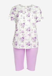 Born2be - Fioletowy Komplet Piżamowy w Kwiaty Koszulka z Krótkim Rękawem i Spodnie Lużne 3/4 Lareni. Kolor: fioletowy. Materiał: bawełna. Długość: krótkie. Wzór: kwiaty #6