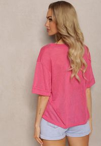 Renee - Fuksjowa Koszulka T-shirt z Brokatem przy Dekolcie Hersana. Kolor: różowy. Materiał: tkanina. Sezon: lato #5