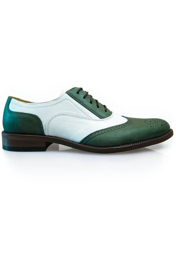 Modini - Zielono-białe obuwie męskie - spektatory, caponki T100. Kolor: zielony, biały, wielokolorowy. Materiał: skóra. Styl: klasyczny, wizytowy