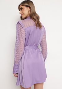 Born2be - Fioletowa Koszulowa Mini Sukienka z Materiałowym Paskiem i Siateczką w Górnej Części Gudris. Kolor: fioletowy. Materiał: materiał. Typ sukienki: koszulowe. Długość: mini #6
