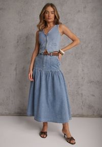 Renee - Niebieska Jeansowa Spódnica z Bawełny Ozdobiona Paskiem z Plecionki Ocearos. Okazja: na co dzień. Kolor: niebieski. Materiał: jeans, bawełna. Wzór: aplikacja. Styl: casual, elegancki #5